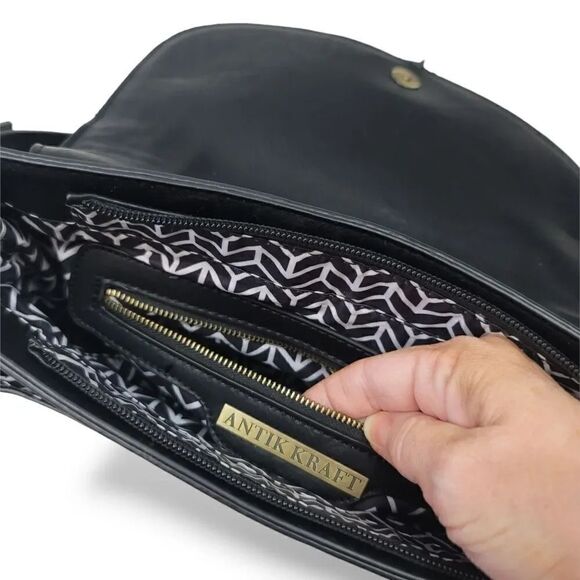 Antik Kraft Vegan Leather Studded Fringe Saddle Bag in Black - Picture 6 of 7